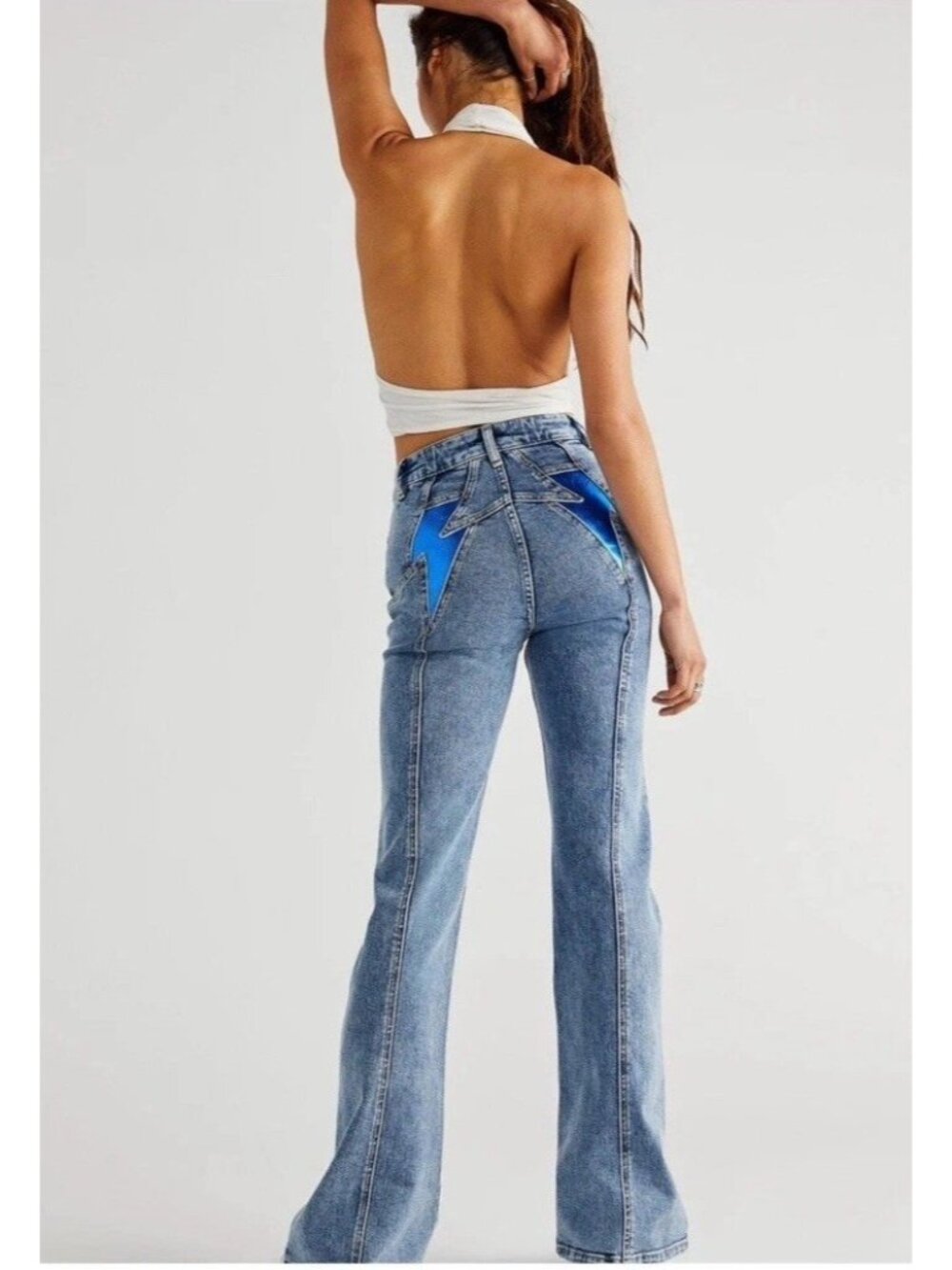 Free People We The Free Thunderbird Flare Jeans Blue Lightening Bolt Size 27